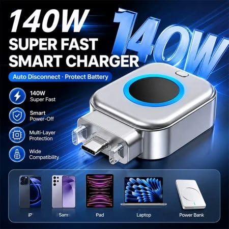 Smart Auto Stop Charge Smart Charger, 140W Auto Cut-Off Charger Protector with AI Full-Charge Disconnect, Prevent Battery Aging and Extend Equipment Lifespan for Type C Cable Phone Laptop