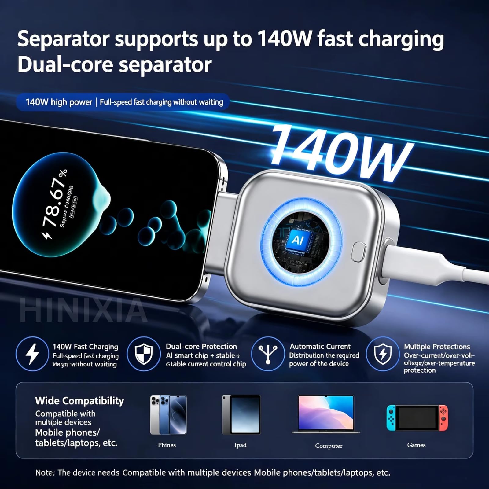 Smart Auto Stop Charge Smart Charger, 140W Auto Cut-Off Charger Protector with AI Full-Charge Disconnect, Prevent Battery Aging and Extend Equipment Lifespan for Type C Cable Phone Laptop