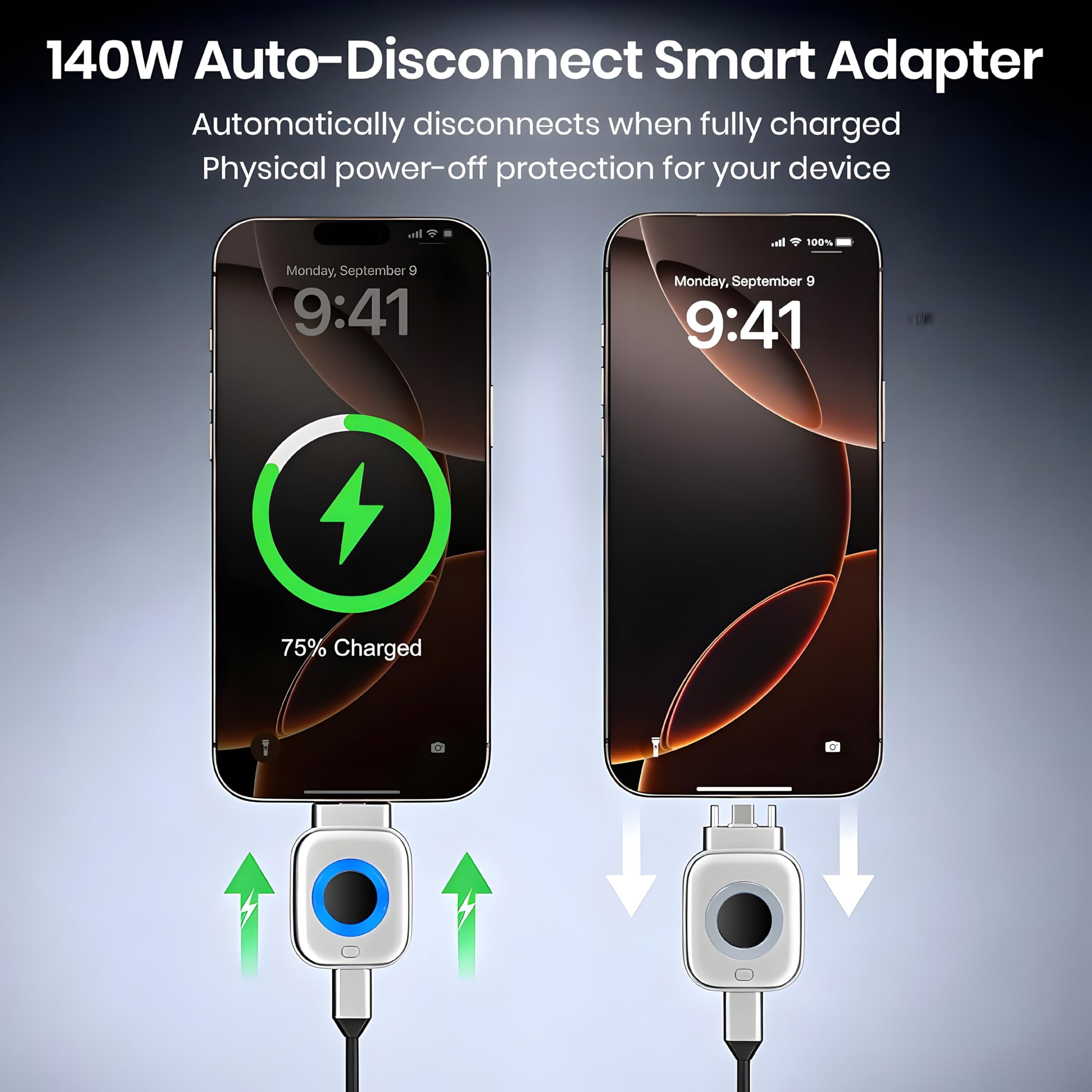 Smart Auto Stop Charge Smart Charger, 140W Auto Cut-Off Charger Protector with AI Full-Charge Disconnect, Prevent Battery Aging and Extend Equipment Lifespan for Type C Cable Phone Laptop